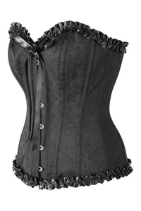 Black Brocade Sweetheart Corset With Ruffle Trim