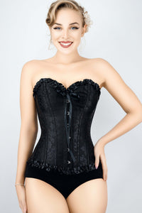 Black Brocade Sweetheart Corset With Ruffle Trim