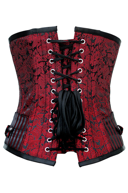 Red and Black Brocade Underbust Corset with Swing Hook Closure and Striped Panels
