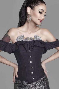 Black Cotton Straight Bustline Corset Top With Off The Shoulder Sleeves