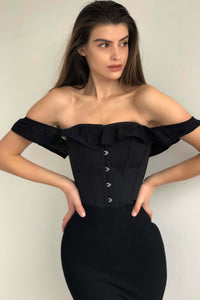 Black Cotton Straight Bustline Corset Top With Off The Shoulder Sleeves