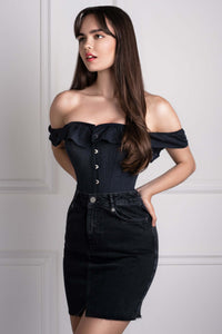 Black Cotton Straight Bustline Corset Top With Off The Shoulder Sleeves