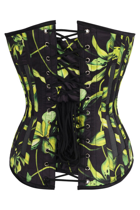 Green and Black Floral Print Overbust Corset with Plunge Neckline and Side Mesh Panels