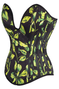 Green and Black Floral Print Overbust Corset with Plunge Neckline and Side Mesh Panels