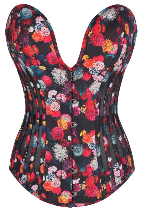 Floral Print Cotton Overbust Corset with Plunge Neckline and Side Mesh Panels