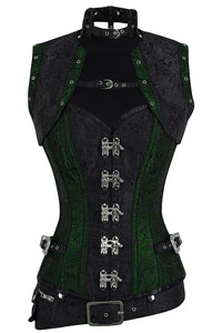 Handmade Full Steel Boned Corset with Sleeveless Jacket – Green & Black Brocade, Corset Story Design (2012)