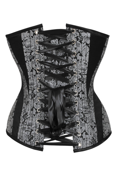 Silver and Black Brocade Overbust Corset with Side Zip