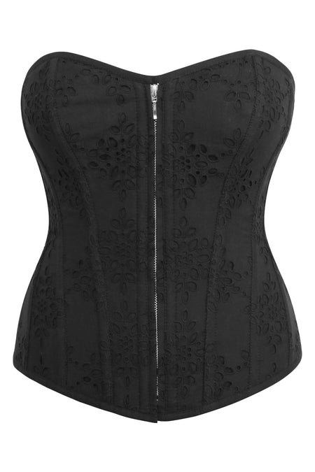 Corset Story SC-004 Dahlia Black Broderie Anglaise Cotton Overbust Corset with Zip Front