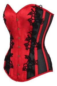 Lipstick Red Longline Overbust Corset with Black Lace and Mesh Panels