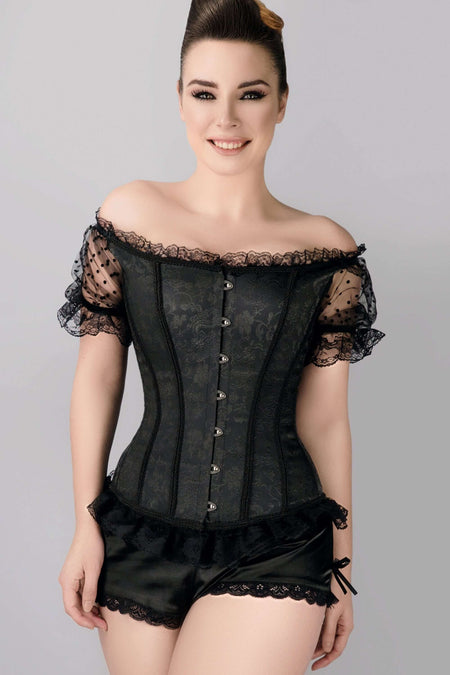 Corset Story CSFT095 Black Brocade Overbust With Court Neck And Sleeves