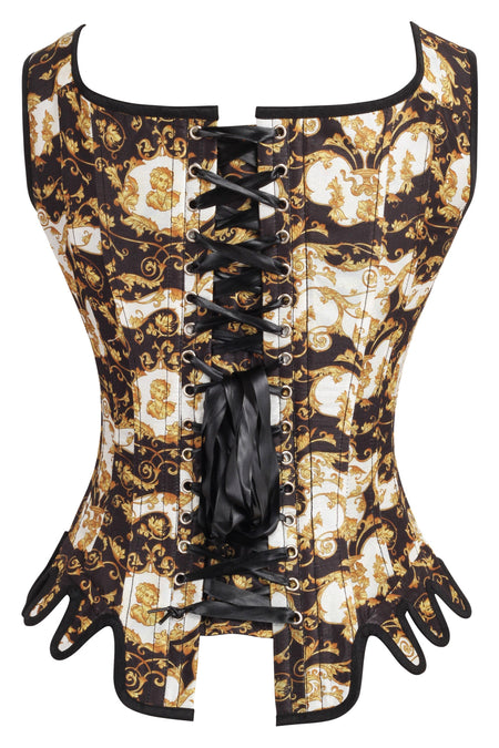 Historically Inspired Black and Gold Corset with Roman-Italian Style Print